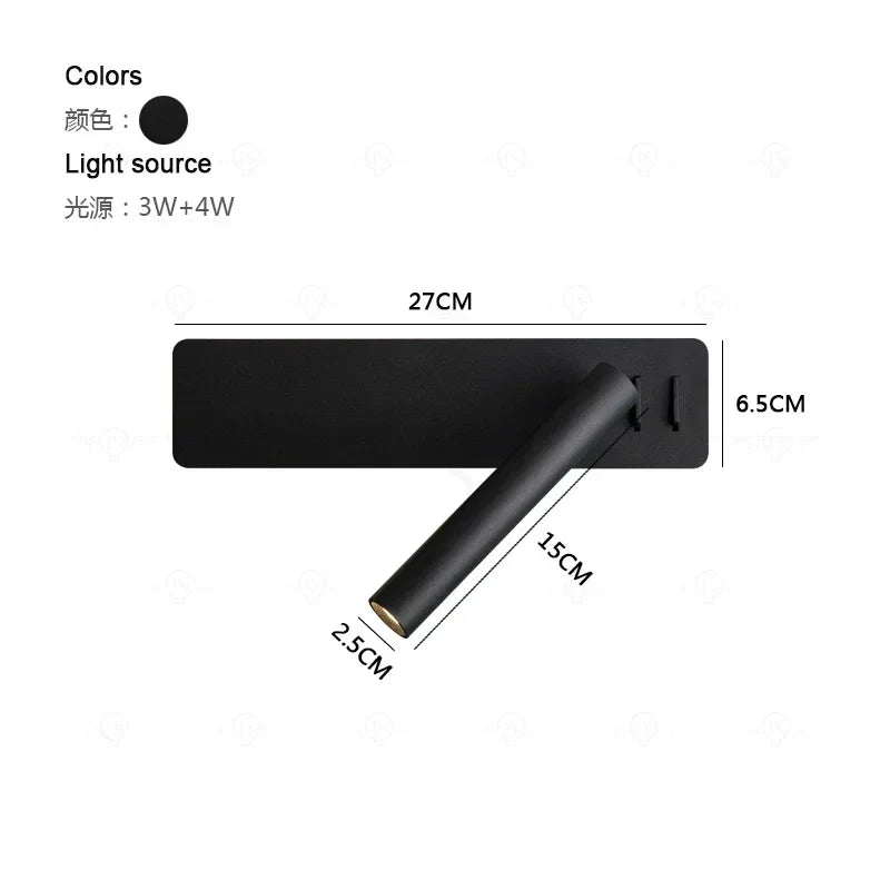 Black Nordic bedside wall lamp LED bedroom reading wall lamp living room study with switch rotating wall lamp