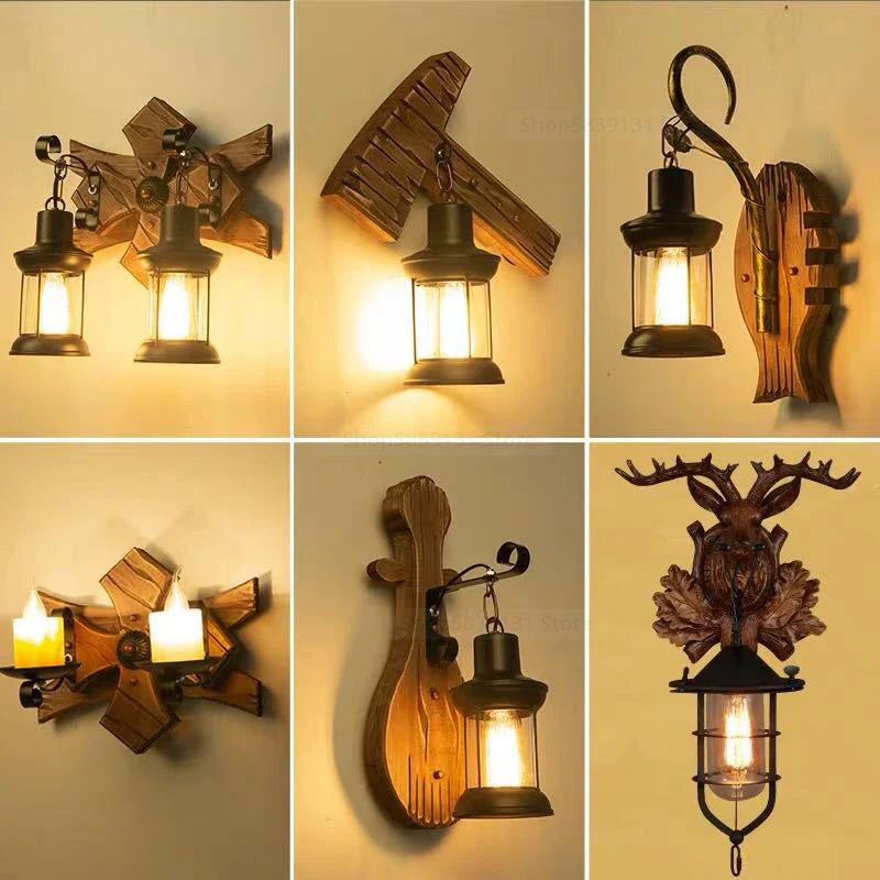 Nordic Wrought Iron Wood Wall Lamps LED Retro Creative Wall Lights for Home Bar Cafe Restaurant Living Room Decoration Lighting