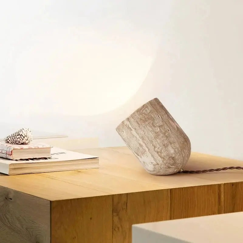 Travertine Stone Table Lamp – Minimalist Tilted Ambient Light