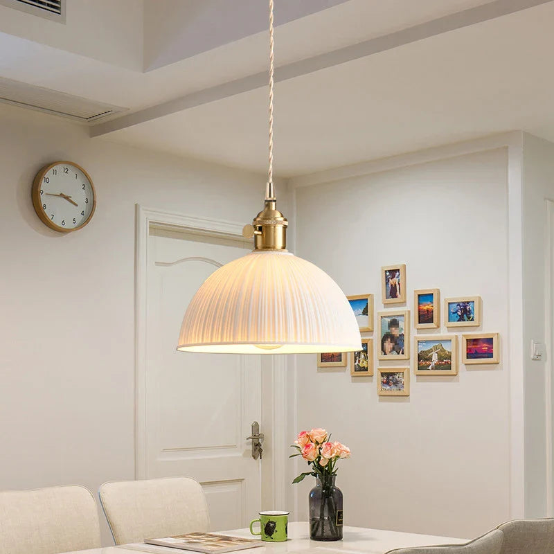 Retro Ceramic Pendant Light Artistic Mid-Century Dining Room Bar Table Entrance Balcony Semi-Circular Small Hanging Lamp