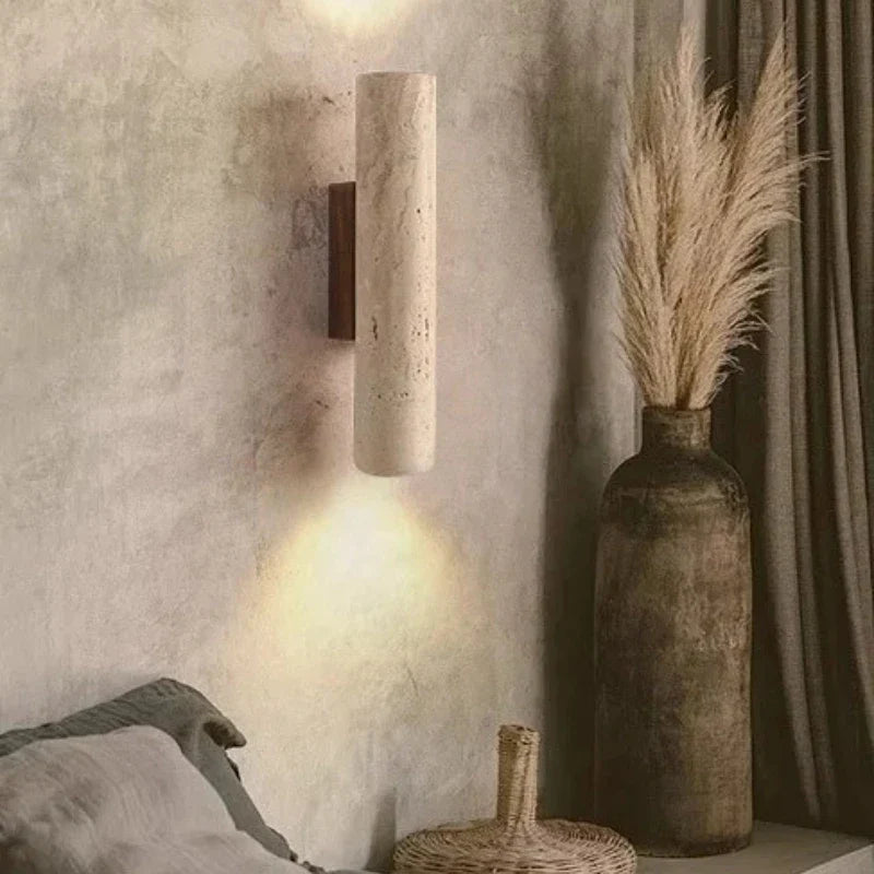 Wabi-Sabi Travertine Wall Light – Dual LED Stone Sconce for Bedroom, Hallway & Living Room