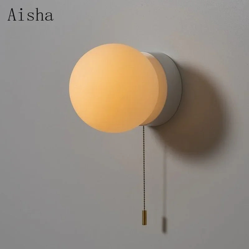 Modern Globe Wall Light with Pull Cord – Minimalist Bedside Wall Lamp