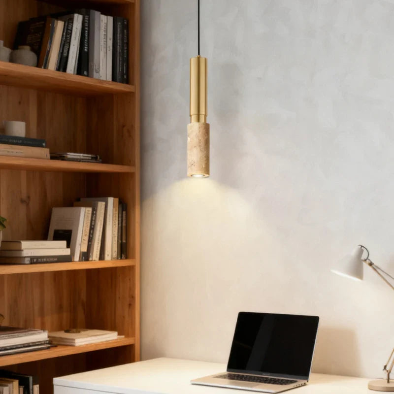 Modern Travertine Pendant Light – Stone & Gold LED Hanging Lamp