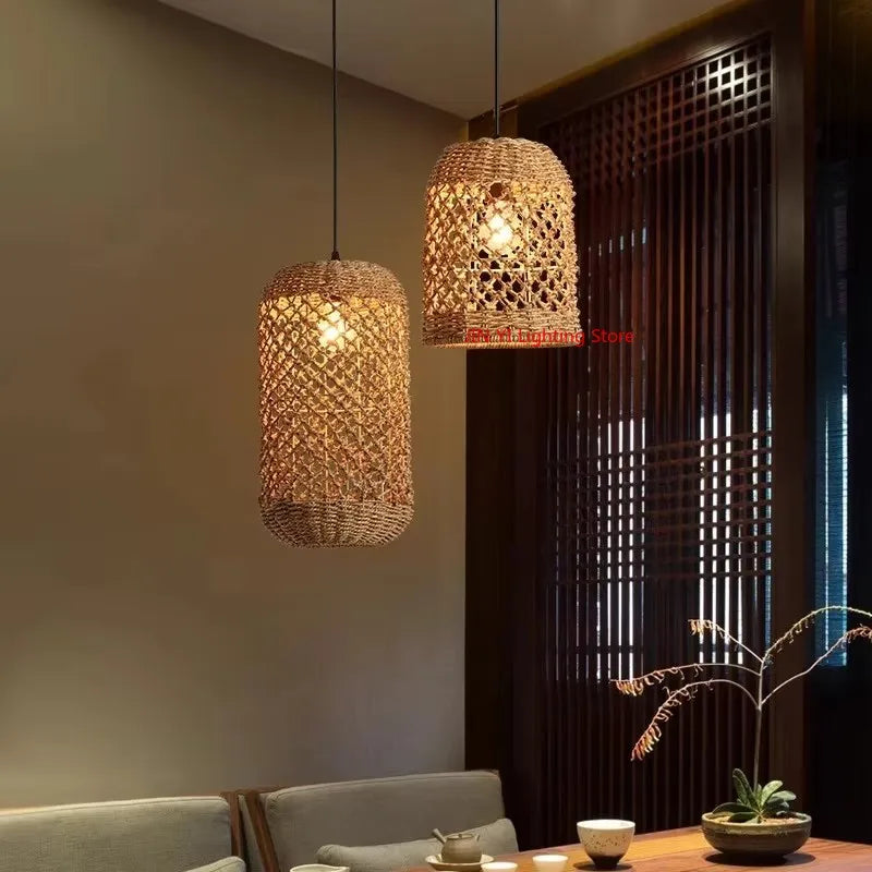 Bamboo Woven Pendant Lamp Rattan Woven Zen Tea Dining Japanese Bamboo Art Lantern Tea House Lighting Fixtures