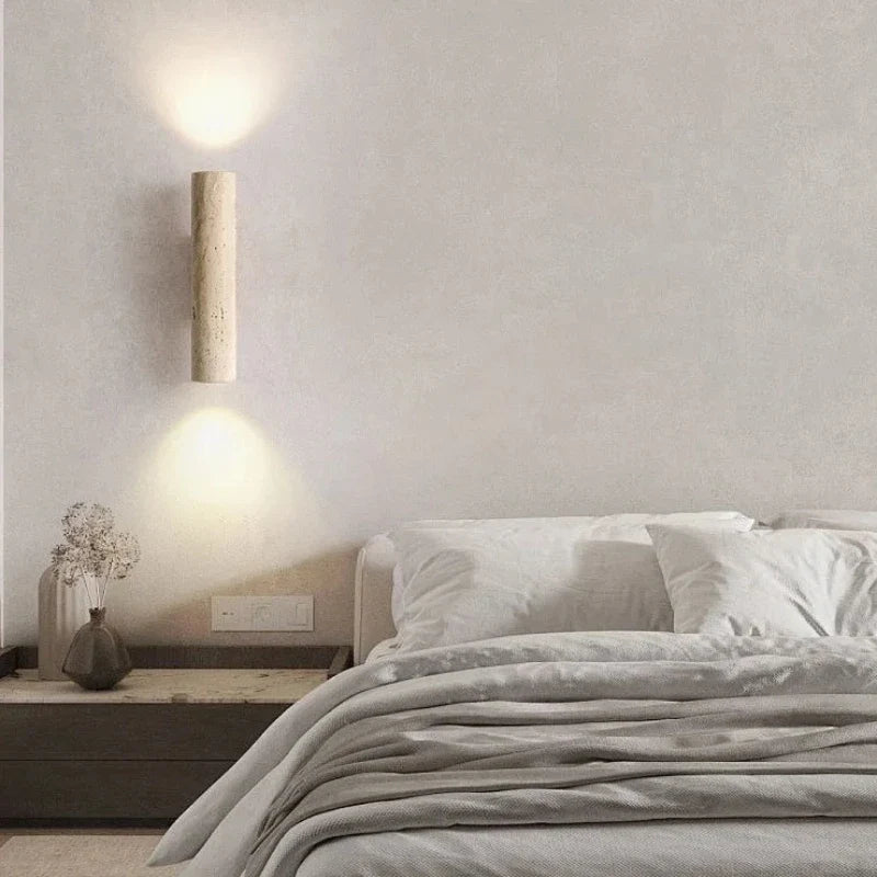 Wabi-Sabi Travertine Wall Light – Dual LED Stone Sconce for Bedroom, Hallway & Living Room