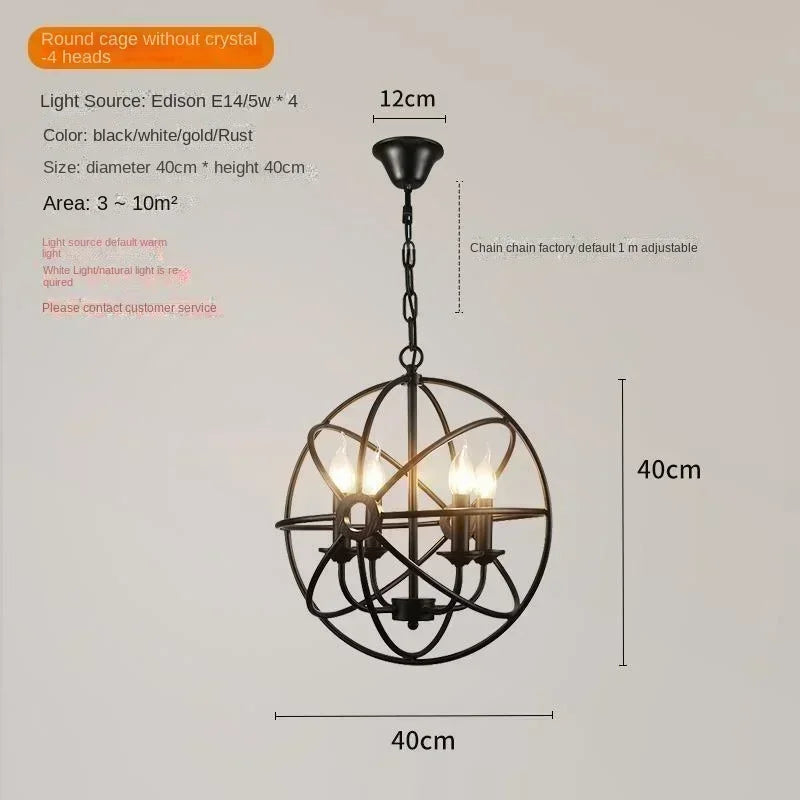 American Retro Birdcage Iron Crystal Led Pendant Lamp Restaurant Living Room Coffee Shop Creative Chandelier Home Decor Lighting