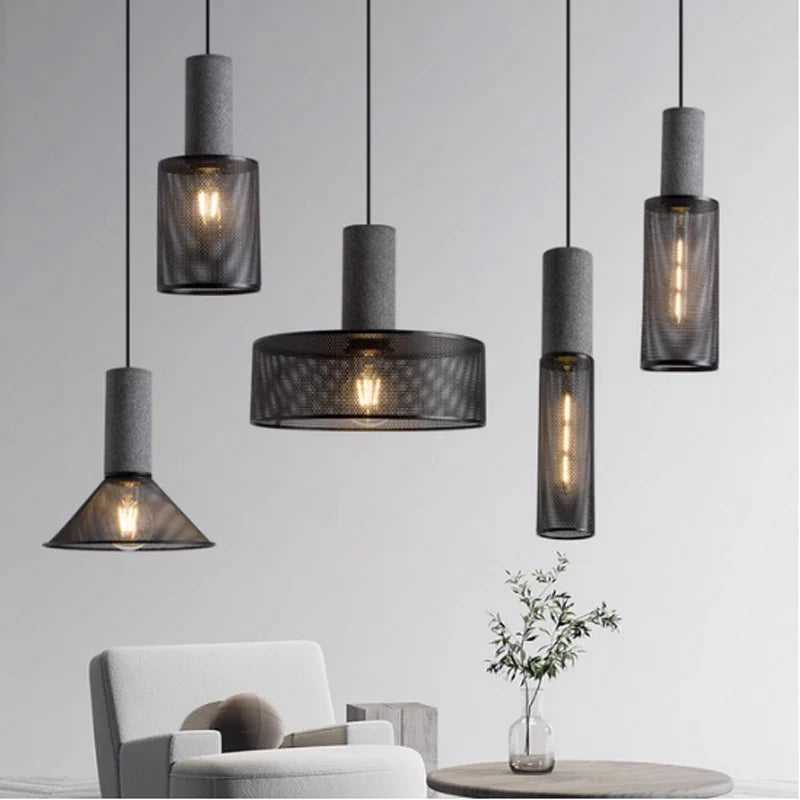 Industrial Mesh Pendant Light – Cement & Metal Hanging Ceiling Lamp