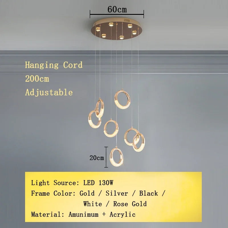 Nordic Designer Gold Ring LED Pendant Chandeliers House Decor Lighting Fixture Living Room Ceiling Hanging Lamp Circle Lustre