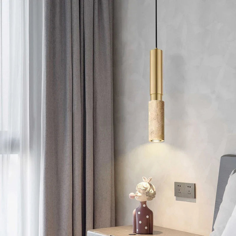 Modern Travertine Pendant Light – Stone & Gold LED Hanging Lamp