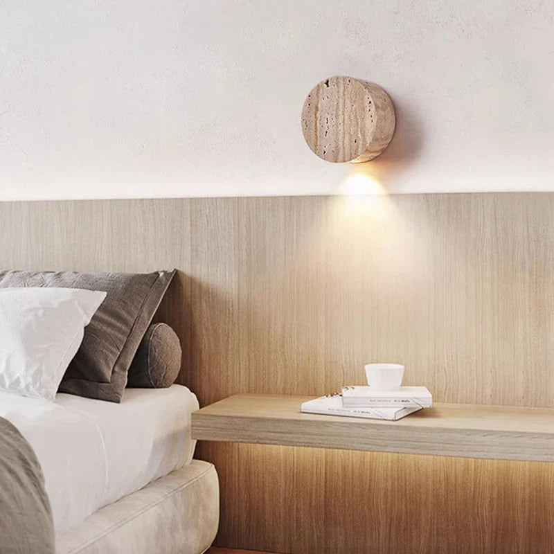 Natural Travertine Stone Wall Light – Modern Round LED Sconce