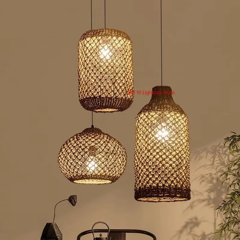 Bamboo Woven Pendant Lamp Rattan Woven Zen Tea Dining Japanese Bamboo Art Lantern Tea House Lighting Fixtures