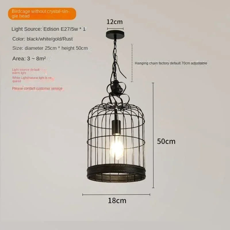 American Retro Birdcage Iron Crystal Led Pendant Lamp Restaurant Living Room Coffee Shop Creative Chandelier Home Decor Lighting