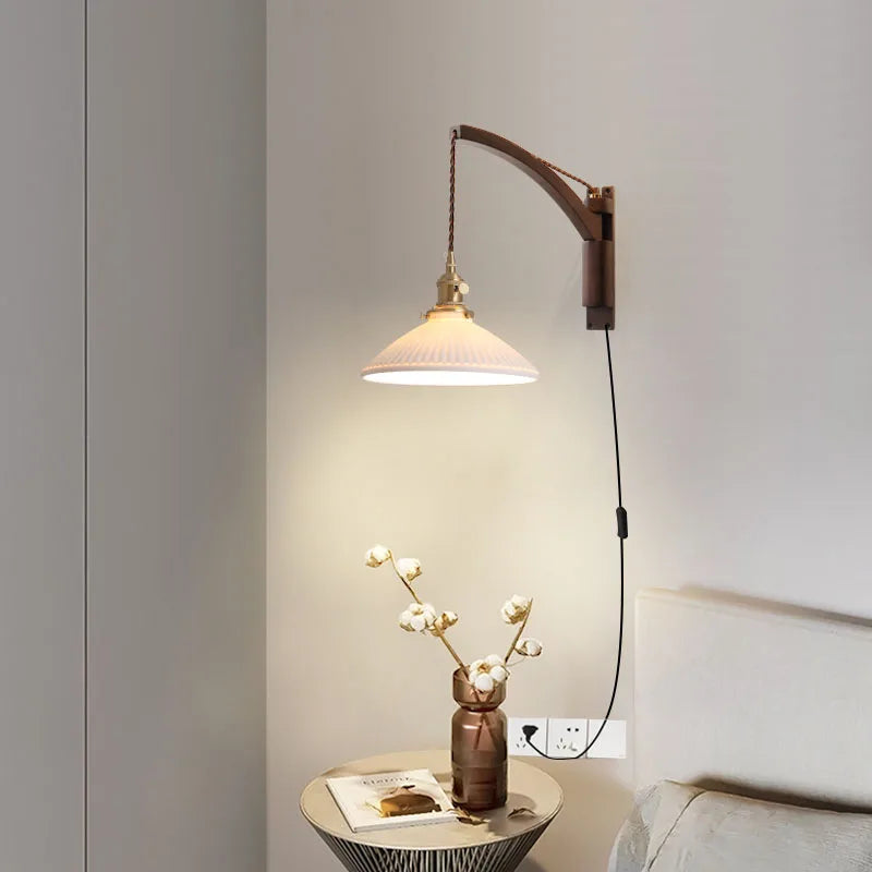 Nordic solid wood fishing wall light Master bedroom bedside light Creative walnut color living room aisle light Japanese wall li