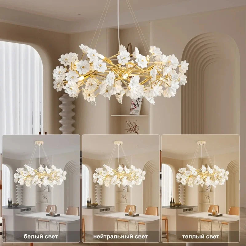 Italian Designer Floral Ceramic Chandelier Dining Room Bedroom Hotel Romantic Luxury LEDPendant Lamp Home Decor Lighting Fixture
