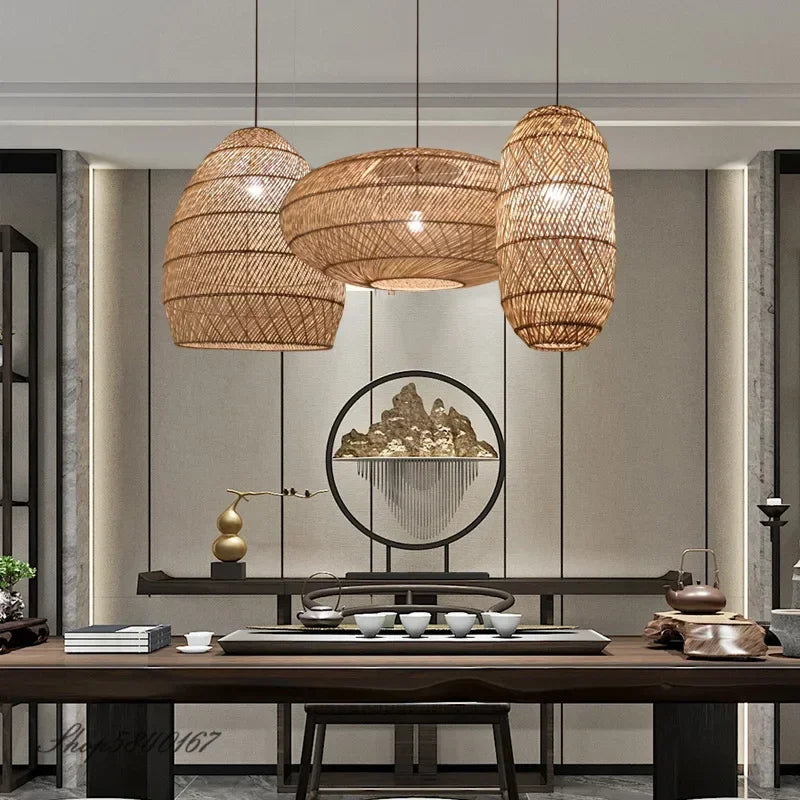 Chinese Handmade Woven Natural Rattan Pendant Lamp Living Room Restaurant Hotel Homestay Bedroom Led Chandelier Art Lights Decor