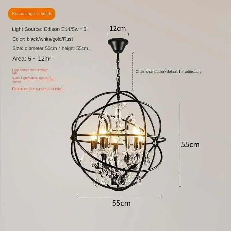 American Retro Birdcage Iron Crystal Led Pendant Lamp Restaurant Living Room Coffee Shop Creative Chandelier Home Decor Lighting