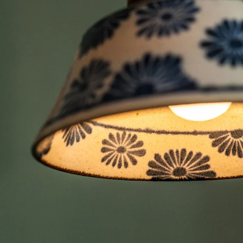 Chinese-style retro tea room colored glazed ceramic blue-and-white pendant lamp, Chinese ancient style nostalgic homestay dining