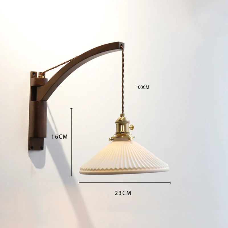 Nordic solid wood fishing wall light Master bedroom bedside light Creative walnut color living room aisle light Japanese wall li