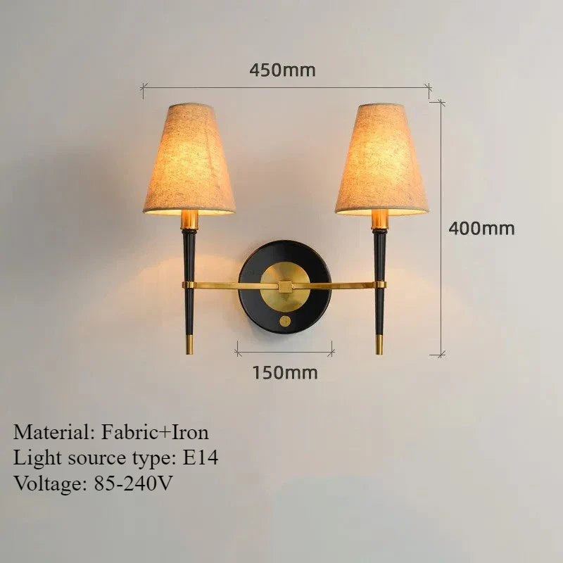 Modern Black & Gold Wall Lamp with Fabric Shade