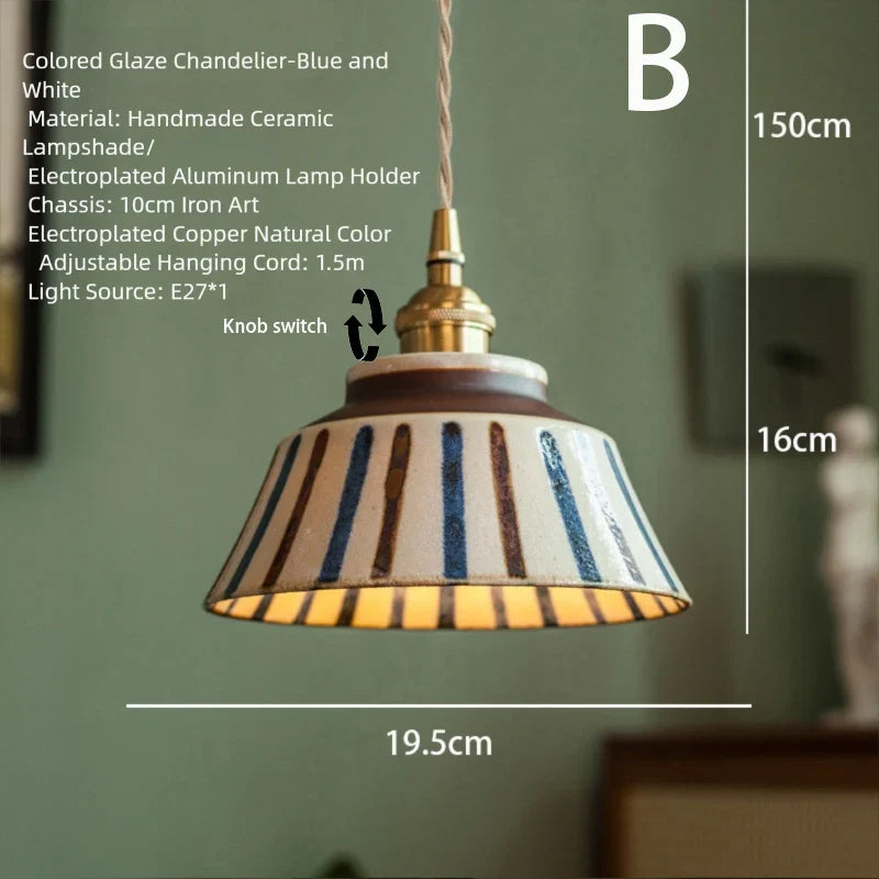 Chinese-style retro tea room colored glazed ceramic blue-and-white pendant lamp, Chinese ancient style nostalgic homestay dining