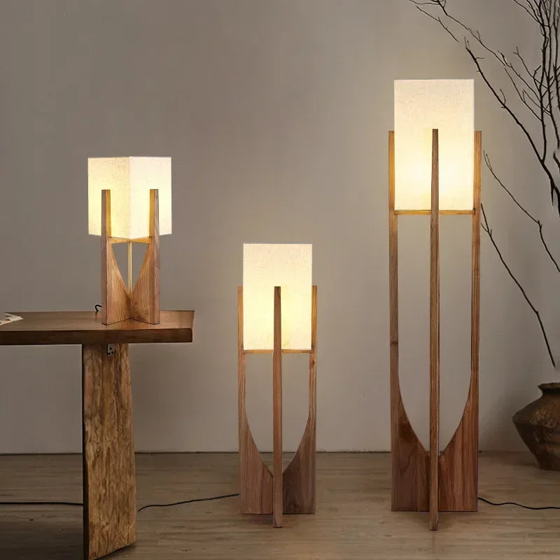 Japanese Style Wooden Floor Lamp – Minimalist Fabric Shade Light
