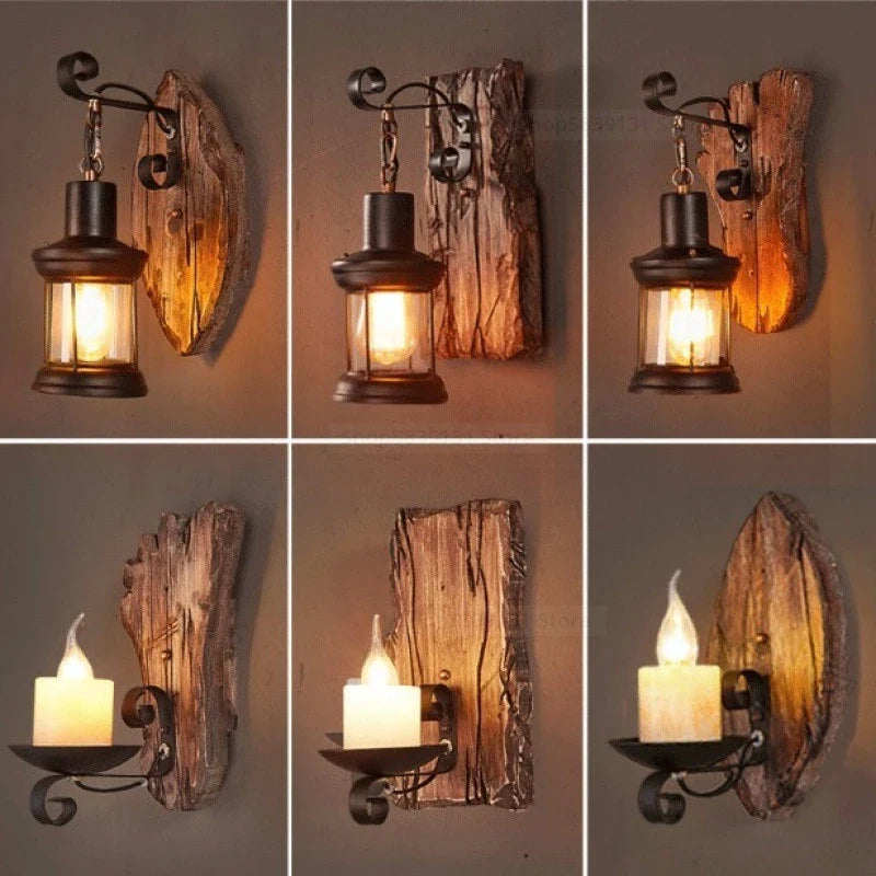Nordic Wrought Iron Wood Wall Lamps LED Retro Creative Wall Lights for Home Bar Cafe Restaurant Living Room Decoration Lighting