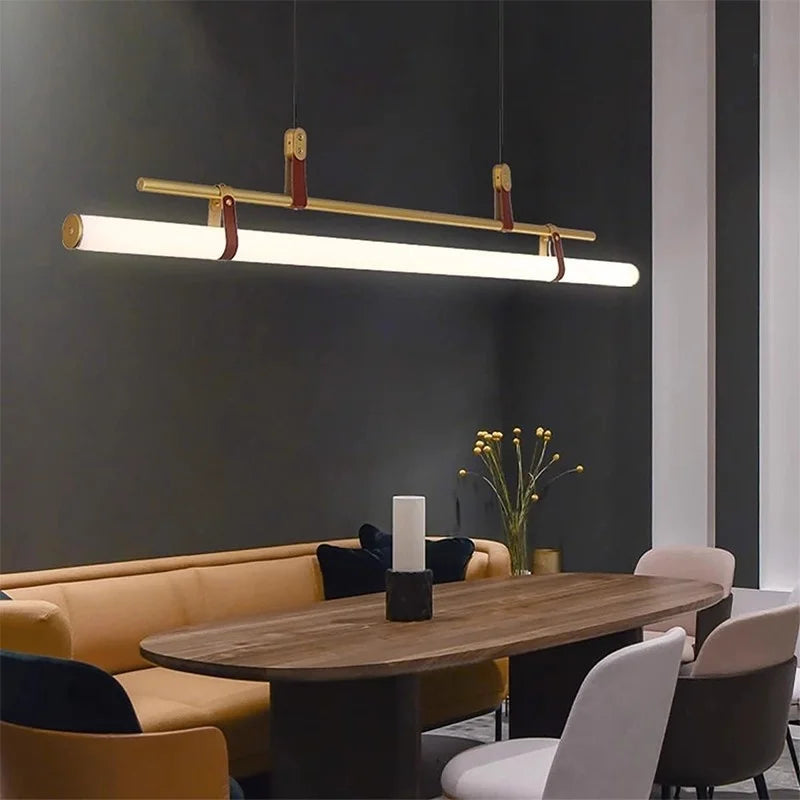 Modern Linear LED Pendant Light with Metal Frame – Minimalist Dining Table Hanging Lamp
