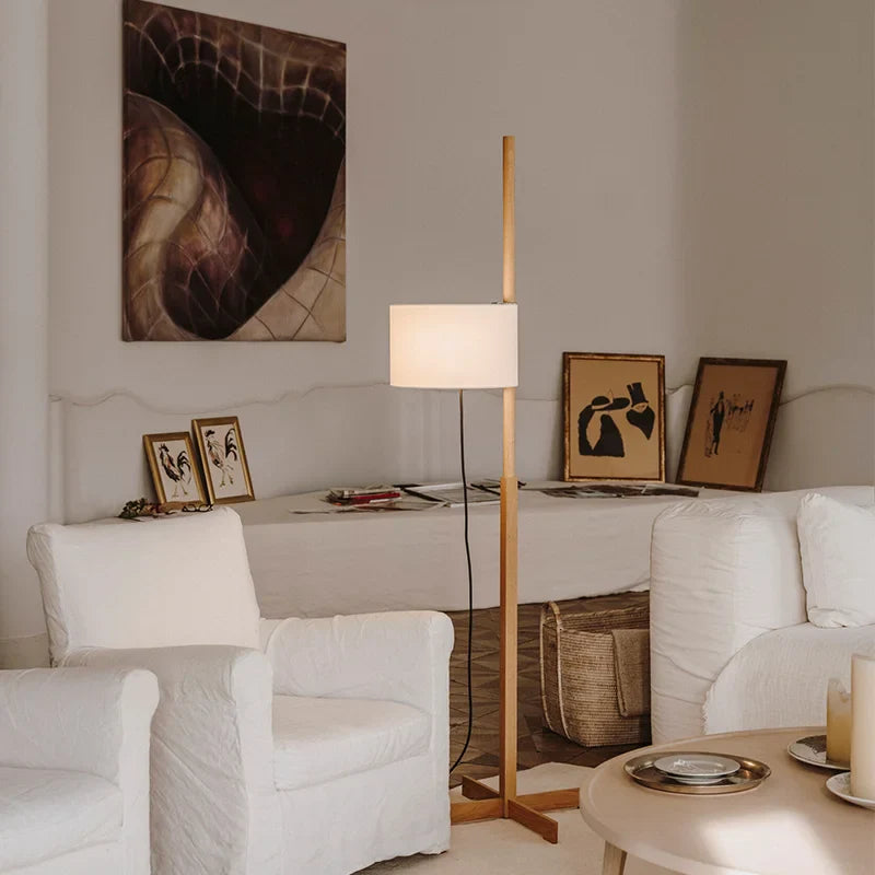 Japanese Wabi Sabi Wooden Floor Lamp – Adjustable Fabric Shade Standing Light