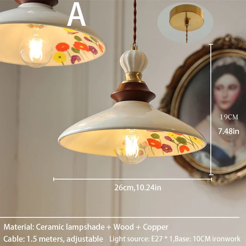 Retro medieval-style hand-painted small flower-patterned ceramic pendant lights for the cream-colored French-style restaurant en