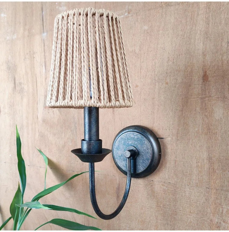 Rustic Black Wall Light with Fabric Shade – Vintage Style E14 Wall Lamp