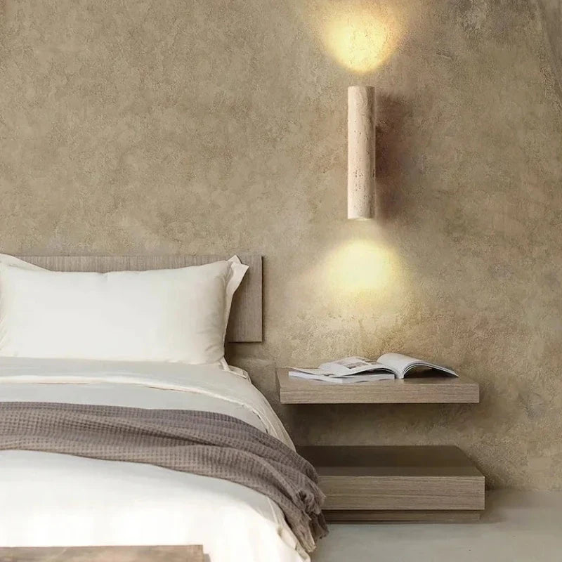Wabi-Sabi Travertine Wall Light – Dual LED Stone Sconce for Bedroom, Hallway & Living Room