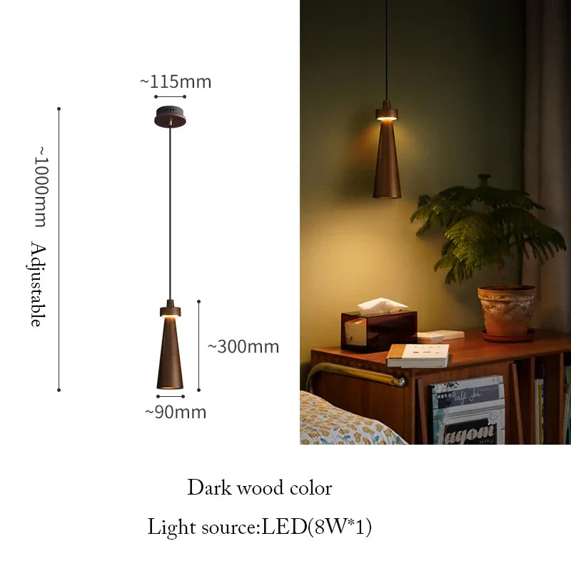 Ash Wood Pendant Light – Modern Trumpet LED Hanging Lamp