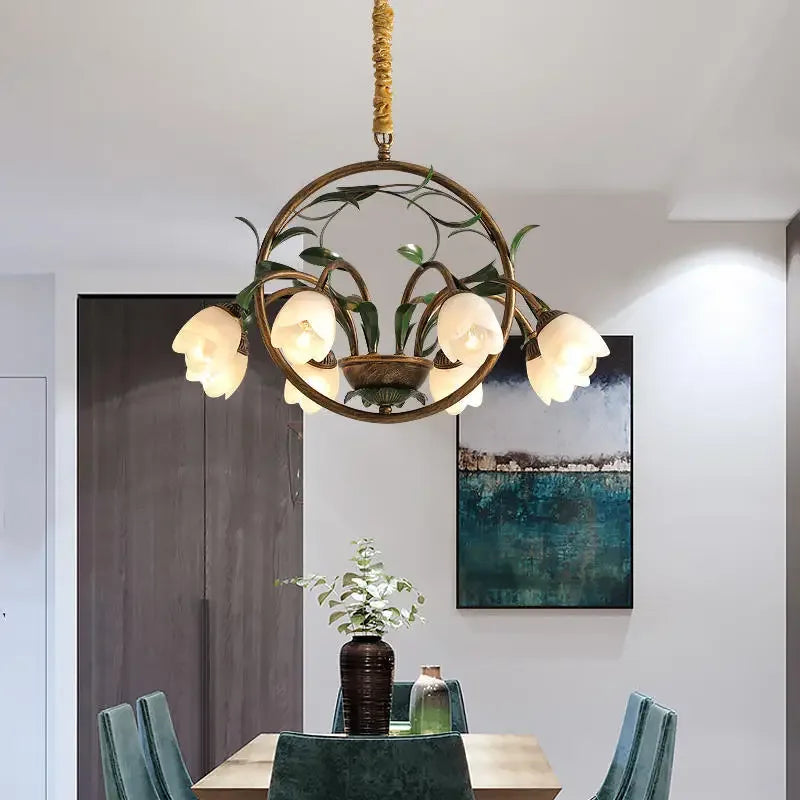 Nordic Scandinavian Style Room Apartment Decoration Chandelier Floral Wedding Pastoral Green Leaf Flower Glass Led Pendent Lamp