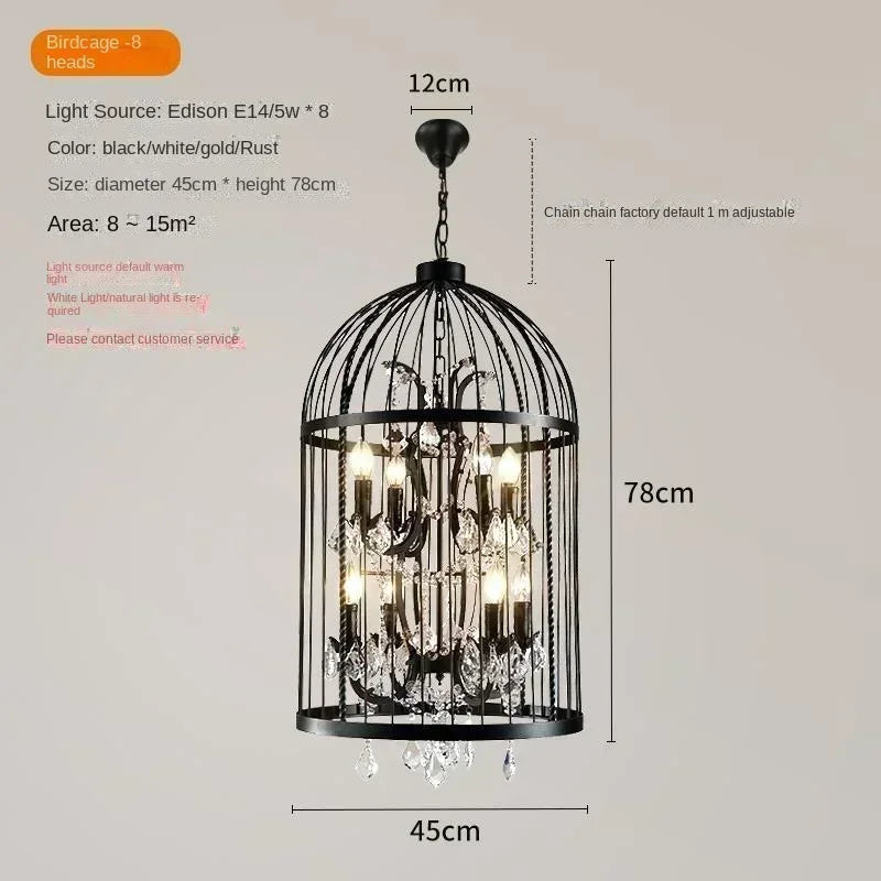 American Retro Birdcage Iron Crystal Led Pendant Lamp Restaurant Living Room Coffee Shop Creative Chandelier Home Decor Lighting