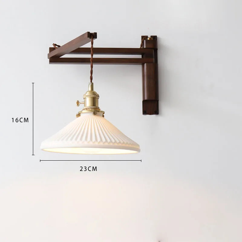 Retro folding walnut color wall lamp Japanese study living room bedroom bedside lamp tea room Homestaynostalgic coffee shop lamp