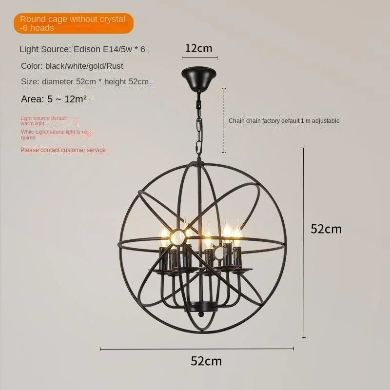 American Retro Birdcage Iron Crystal Led Pendant Lamp Restaurant Living Room Coffee Shop Creative Chandelier Home Decor Lighting