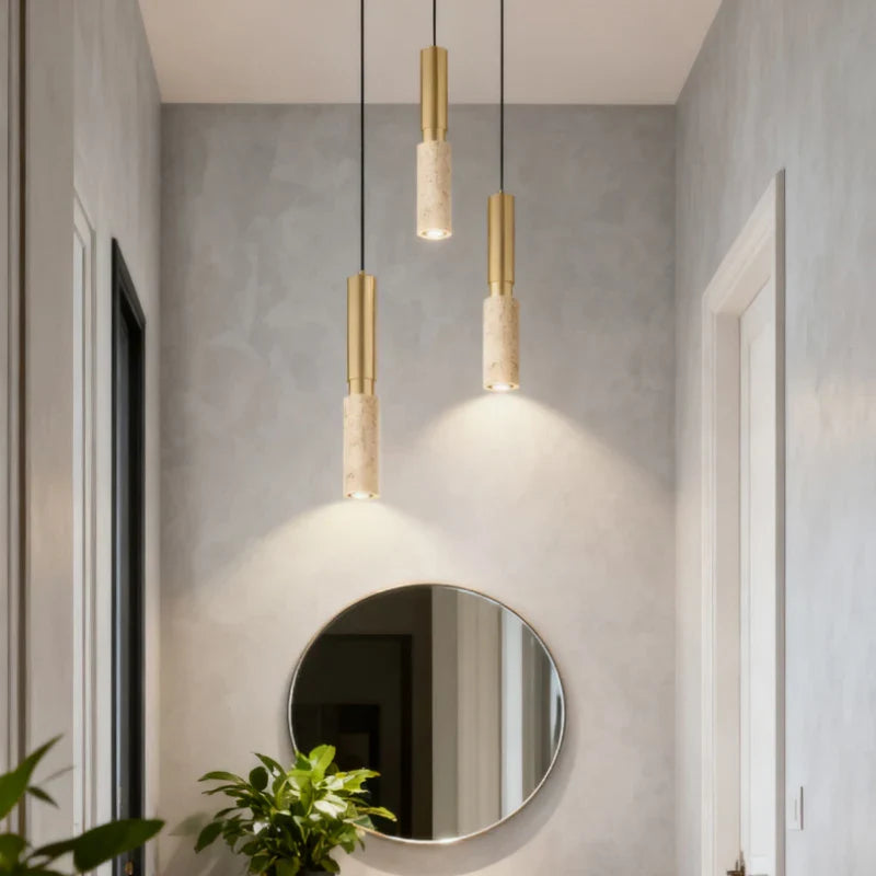 Modern Travertine Pendant Light – Stone & Gold LED Hanging Lamp