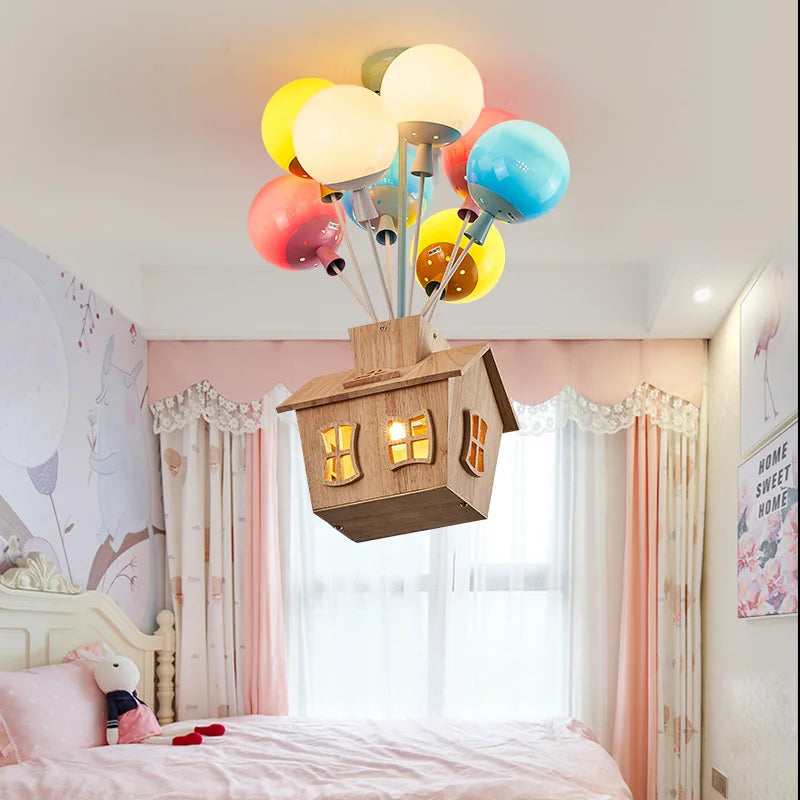 Kids Balloon House Chandelier – Colorful Wooden Ceiling Light for Children’s Room