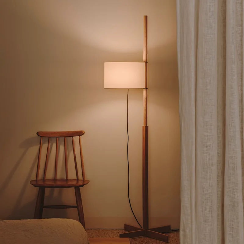 Japanese Wabi Sabi Wooden Floor Lamp – Adjustable Fabric Shade Standing Light