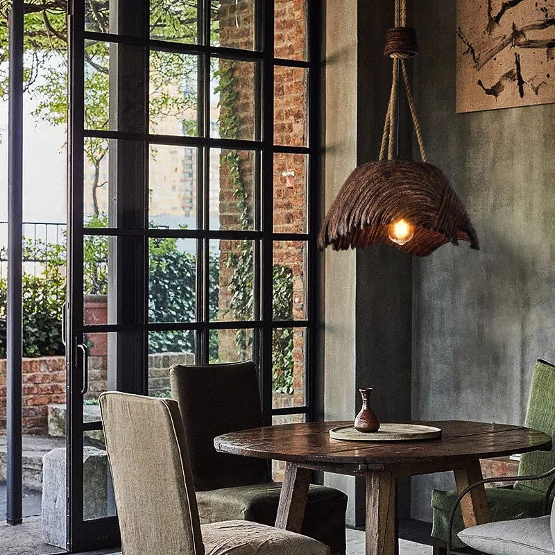 Rustic Wabi Sabi Hemp Rope Pendant Light – Vintage Hanging Lamp for Dining Room & Bar