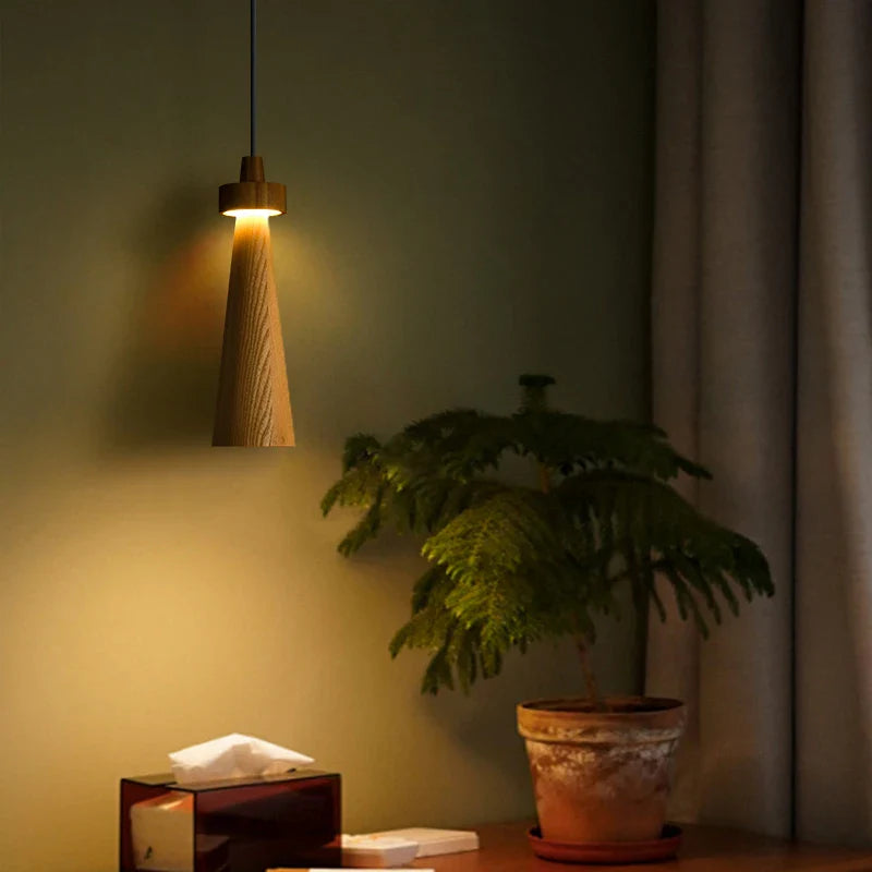 Ash Wood Pendant Light – Modern Trumpet LED Hanging Lamp
