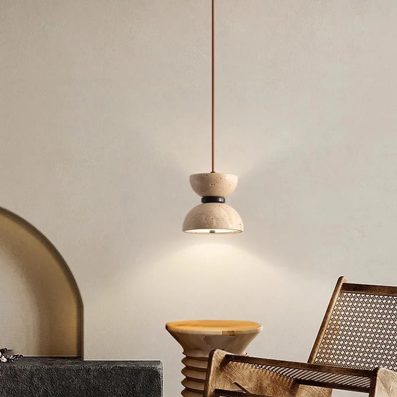 Travertine Stone Pendant Light – Mediterranean Modern LED Hanging Lamp
