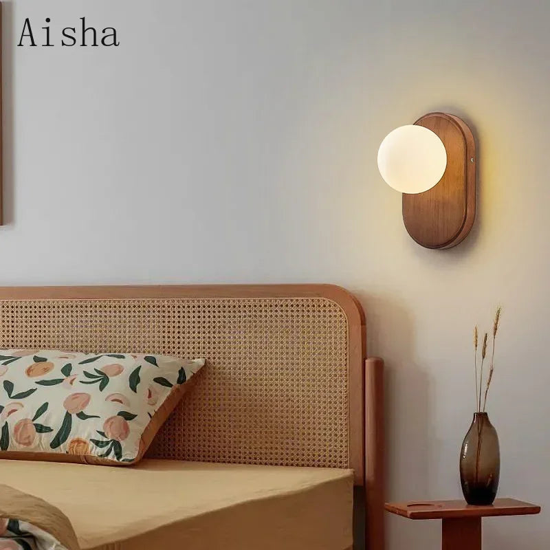Modern Wooden Globe Wall Light with Frosted Glass – G9 Bedside Lamp