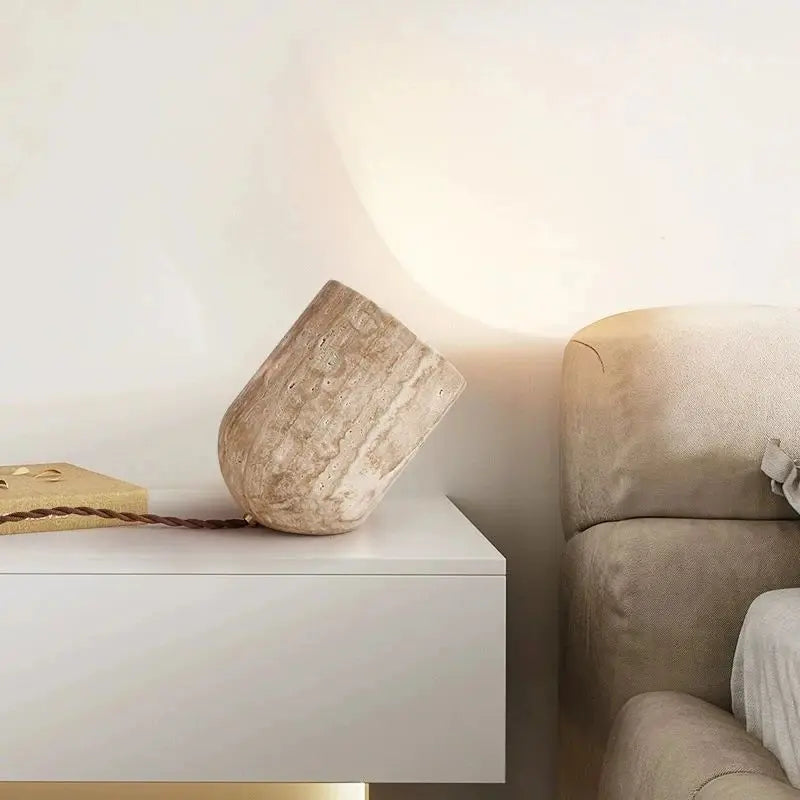 Travertine Stone Table Lamp – Minimalist Tilted Ambient Light