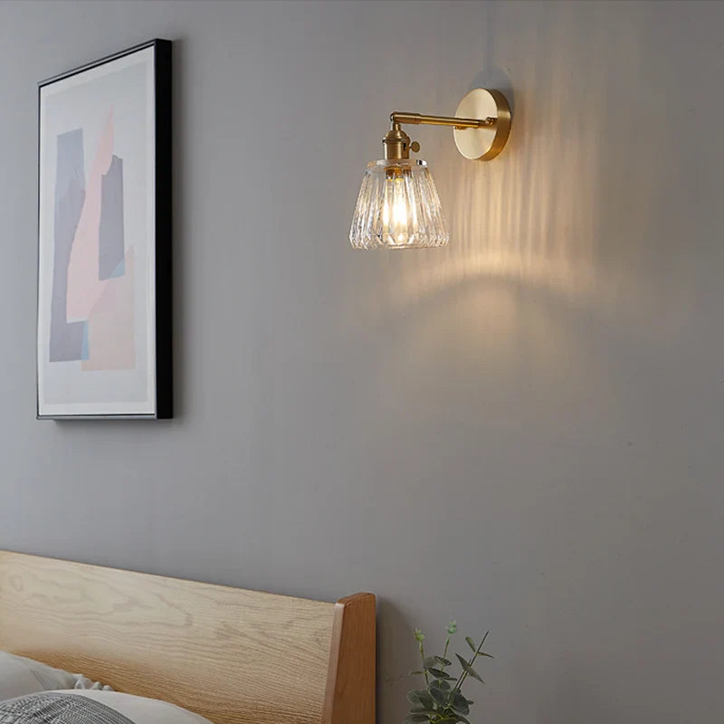 Nordic modern simple light luxury brass glass wall lamp Japanese retro living room bedroom headboard bathroom mirror headlight