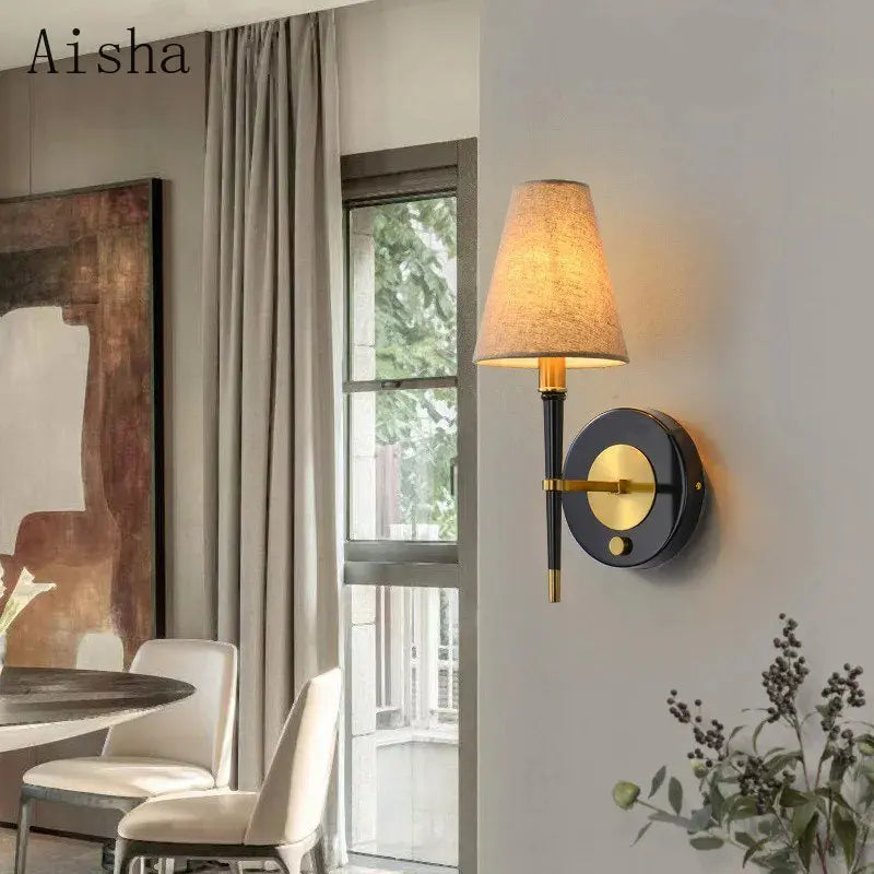 Modern Black & Gold Wall Lamp with Fabric Shade