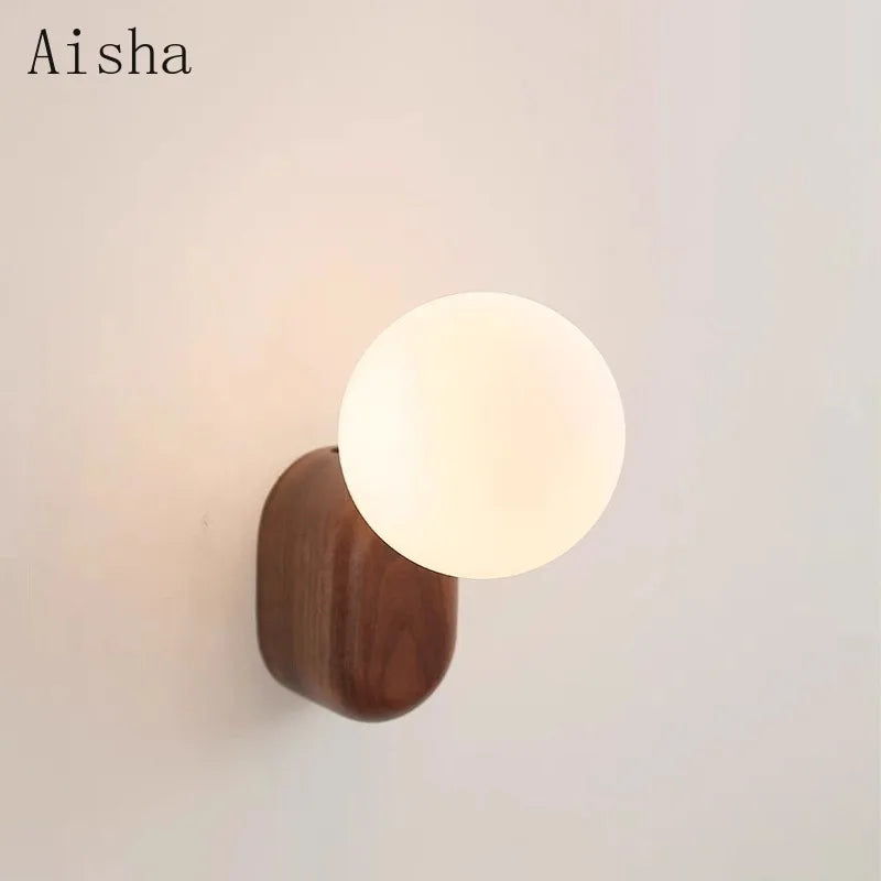 Spherical Glass Walnut Wood Modern Wabi-Sabi Minimalist Style Wall Sconce Light for Living Room Dining Room Bedroom Study