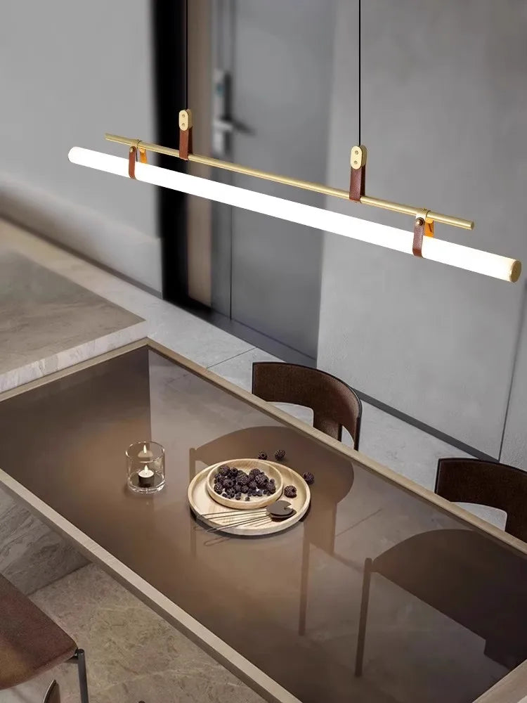 Modern Linear LED Pendant Light with Metal Frame – Minimalist Dining Table Hanging Lamp