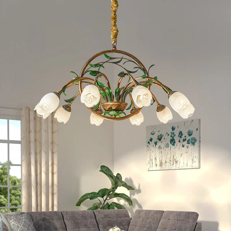Nordic Scandinavian Style Room Apartment Decoration Chandelier Floral Wedding Pastoral Green Leaf Flower Glass Led Pendent Lamp