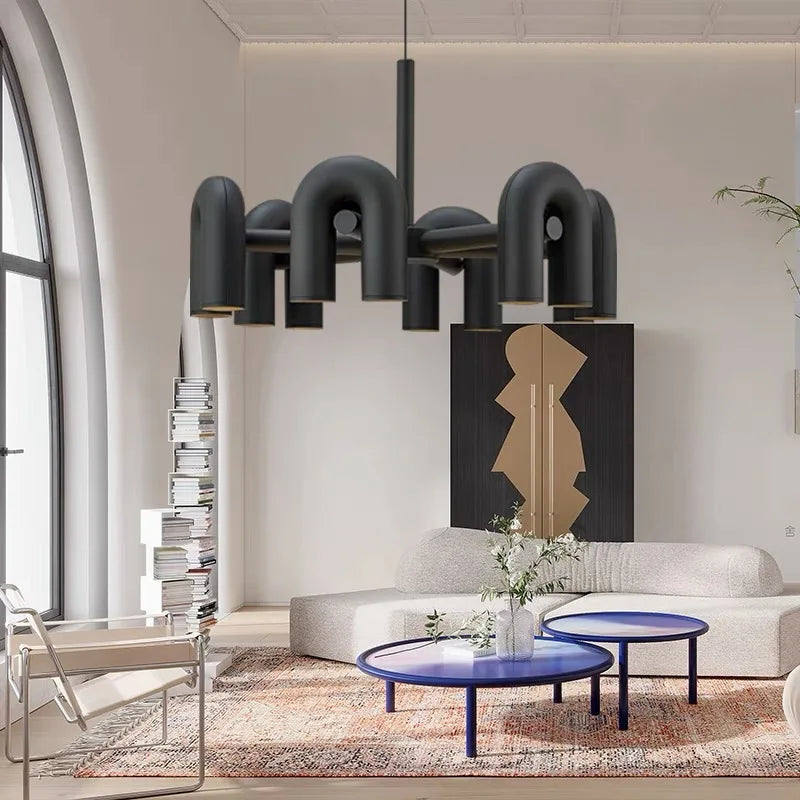 Modern Sculptural Chandelier – Black Pipe LED Ceiling Light